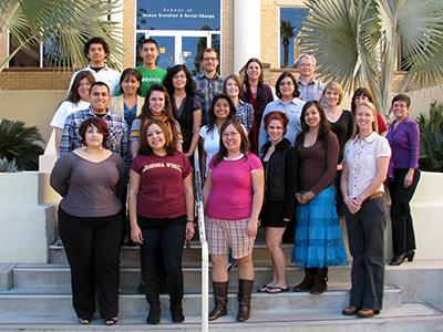 A group in front of the School of Human Evolution and Social Change building